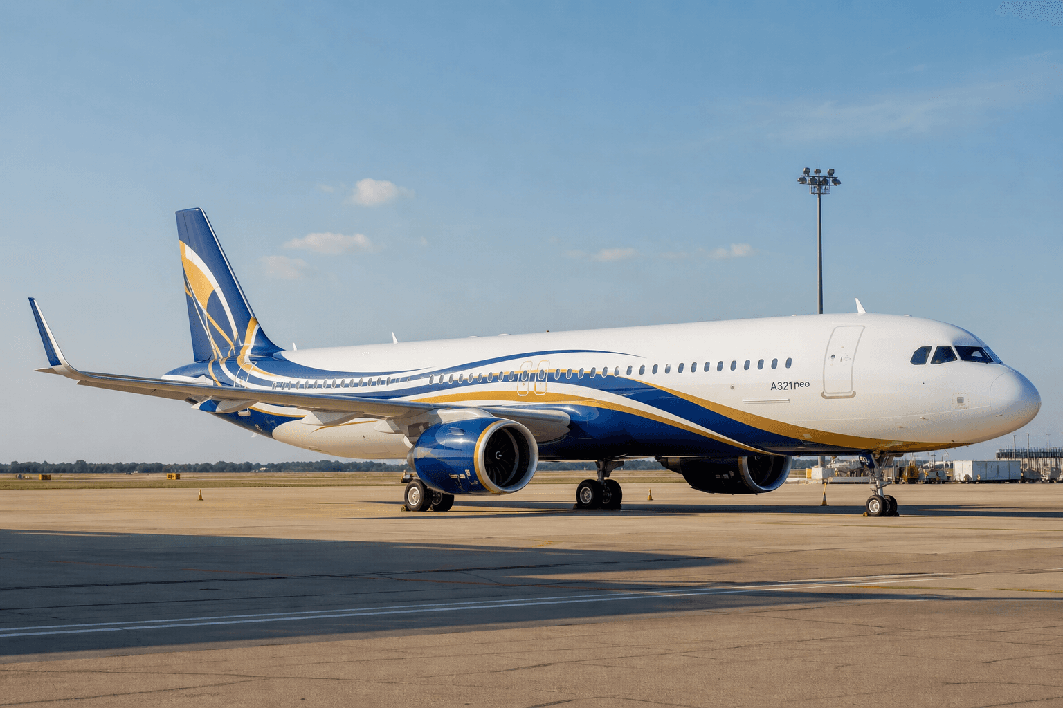 Airbus A321neo with custom VIP livery parked at an airport ramp under clear skies