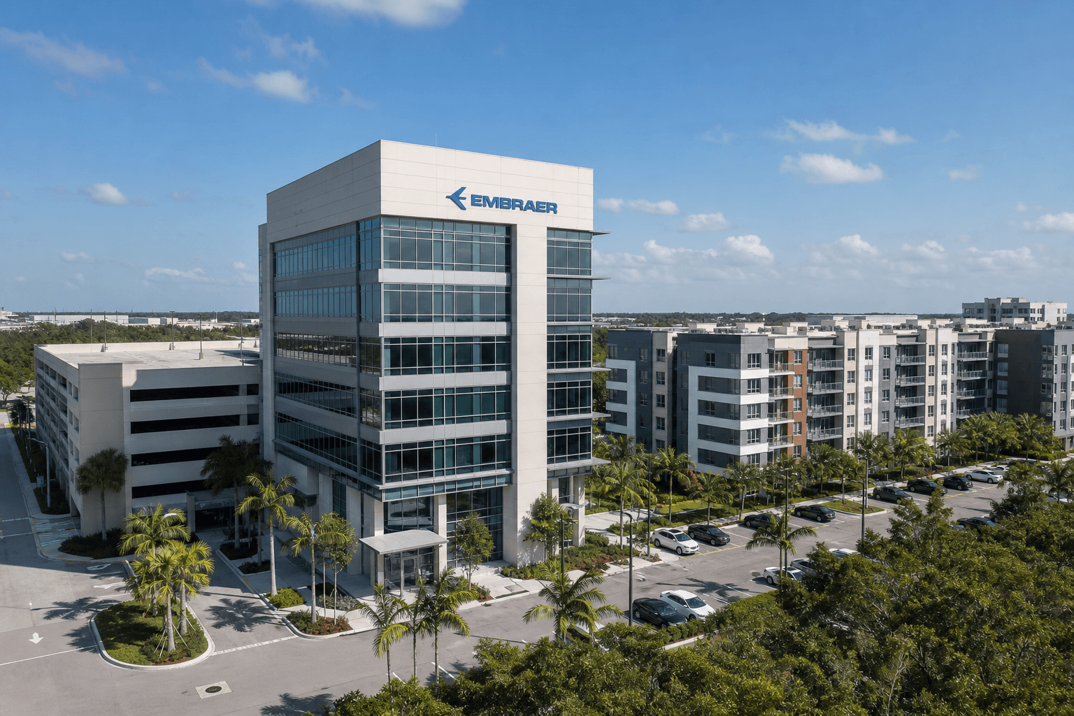 Modern Spirit Airlines corporate headquarters campus in Dania Beach with adjacent residential units and parking