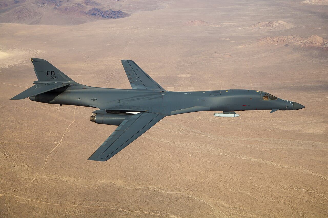B-1B Lancer bombers lined up on RAF Fairford runway during daytime operations